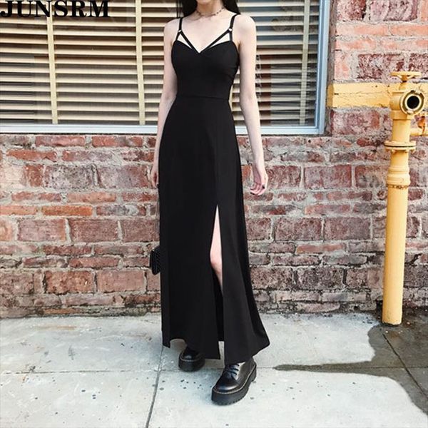 

japanese punk gothic elegant womens dresses wear dark halter high waist split party club deep black summer, Black;gray