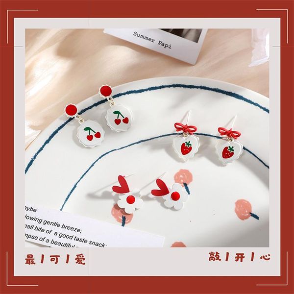 

stud korean version of the spring and summer bow knot strawberry earrings red cute cherry sweet ear ins fruit jewelry, Golden;silver