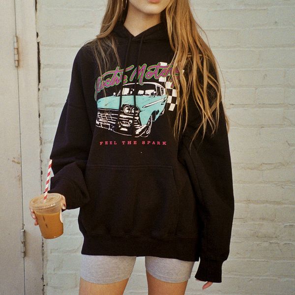 

2021 new vintage graphic print oversized hoodies women autumn winter cotton hooded sweatshirts casual streetwear hoodie dxvz, Black