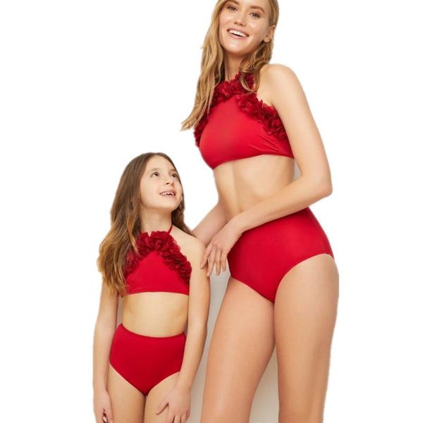 

swimsuit women 2 piece may female beach bathroom outlet korea new parent child pure color petals high waist bikini