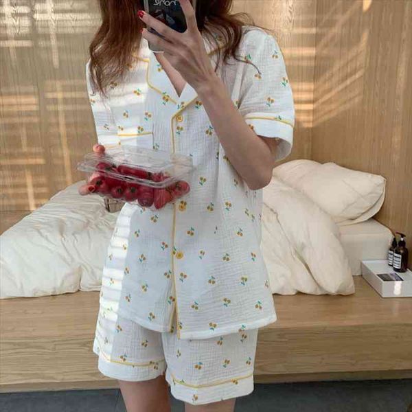 

cherry summer pajamas set women sleepwear cotton short sleeve elastic waist shorts homewear 2 piece cute home suit y406, Black;red