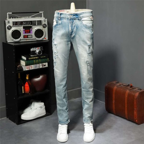 

autumn and winter new men's pierced jeans slim small feet light color nostalgic trend casual pantswinter, Blue