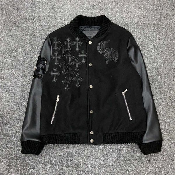 

21ss autumn winter new fashion brand croxin men and women's baseball jacket wool lambskin stitching 5mcg, Black