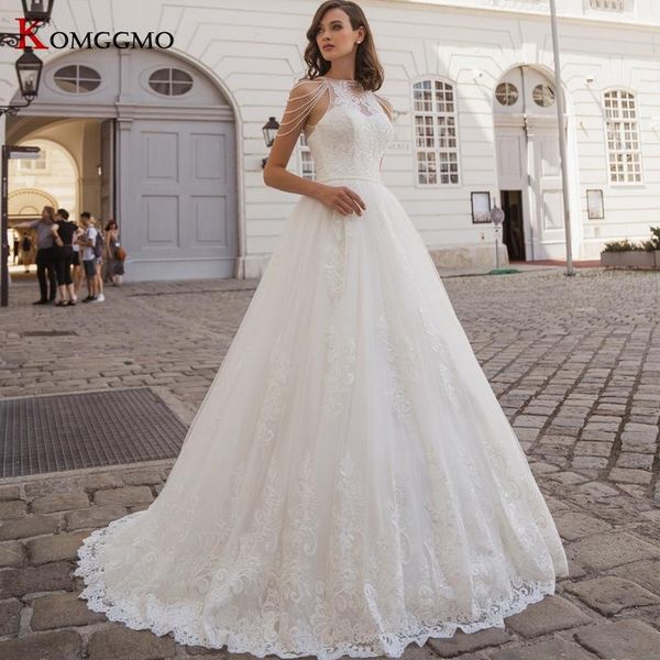 

other wedding dresses 2021 o-neck beading embroidery appliques tulle bridal ball gown luxury sleeveless button back court train dress, White
