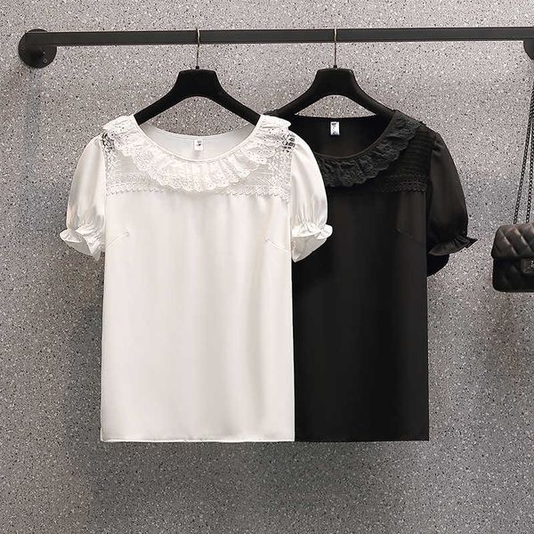 

women blouse polka dot shirt summer short sleeve o neck casual elegant print female clothing white lace shirts 210604