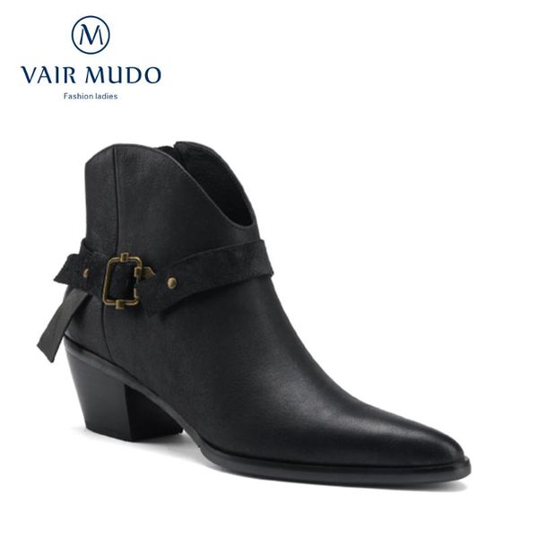

boots vair mudo motorcycle shoes women pointed toe square heel zipper ankle shoe genuine leather black brown spring dx166l
