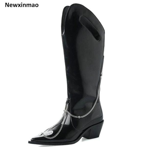 

boots fashion design genuine leather shoes woman heels 2021 square women party working knee high, Black