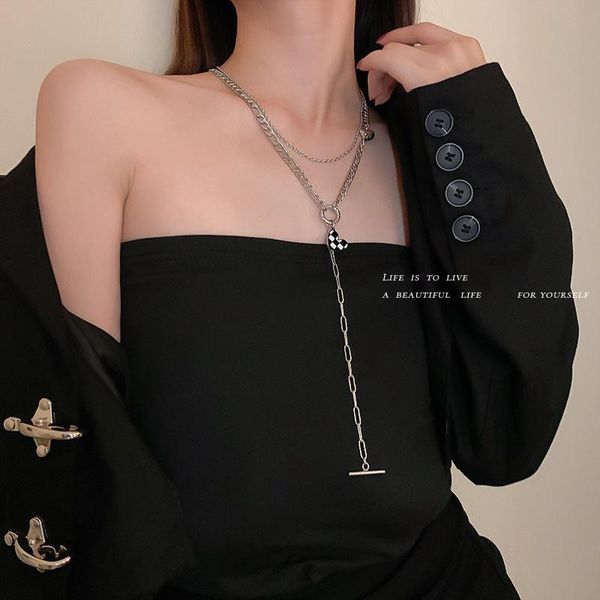 

chains fashion black and white check drop oil heart double layer necklace hip hop sweet cool collarbone chain, Silver