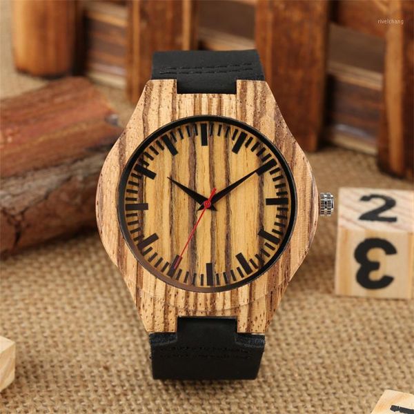 

wristwatches zebra wood watch case men quartz red seconds black analog display natural wooden male timepiece genuine leather wristband, Slivery;brown