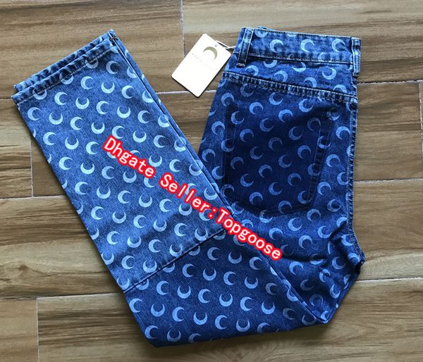 

2020 spring summer women's printed moon pattern slim panel crescent ankle lenght jeans pants new, Blue