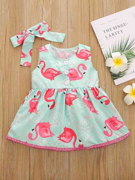 

baby girl flamingo print dress & headband she, Red;yellow