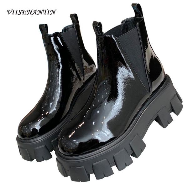 

boots genuine leather ankle slip-on western round toe height increase shiny black platform chunky designer brand shoes for women
