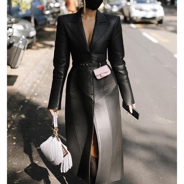 

women's leather & faux fashion high imitation long coats women elegant turn down collar jackets black ladies