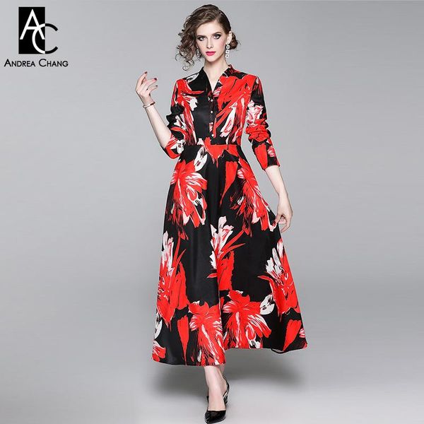 

casual dresses s-xxl autumn winter woman dress black background white red flower pattern print v-neck ankle length fashion maxi, Black;gray
