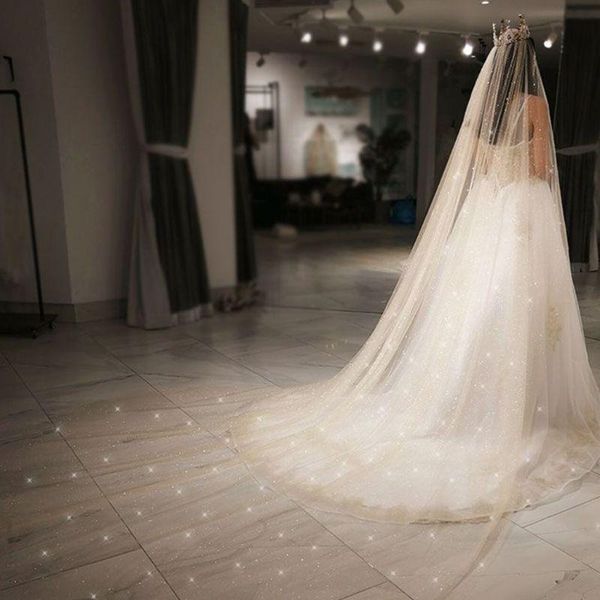 

bridal veils women mesh ultra-long trailing cathedral wedding veil romantic luxury shimmer starry sky sequins stamping accessories, Black