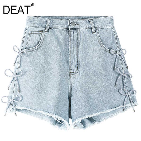 

[deat] women short pants loose fit high waist bow solid color wide leg denim shorts fashion summer 13d092 210527, White;black