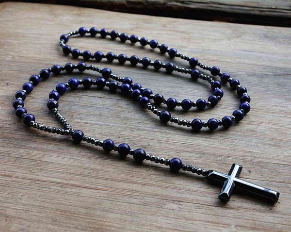 6mm Lapis Lazuli Pedra Pedra Hematita Para Homens Mulheres Católicas Cristo Rosário Cross Pingente Colar Drop