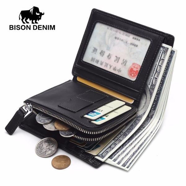 

wallets bison denim luxury genuine leather wallet mens coin purse walet short with zipper money card holder clutch n4442, Red;black