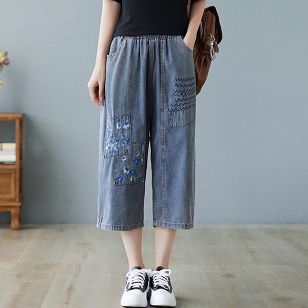 

women's jeans women summer calf-length casual arrival 2021 vintage style floral embroidery loose female high waist denim pants b893, Blue