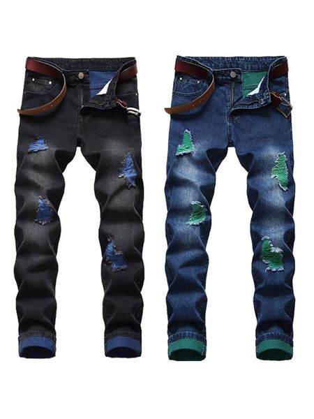

men's jeans fashion all-match straight-leg slim-fit ripped yarn trousers, Blue