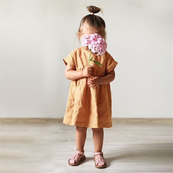 Meninas vestido de manga curta verão crianças coreanas algodão e linho princesa vestido literário roupas infantis TZ03 210303