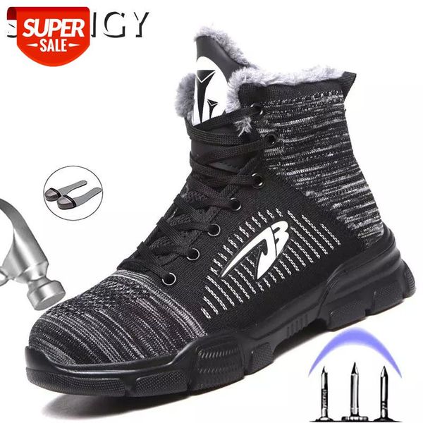 

winter lace-up men safety shoes mesh hard puncture-proof work men's shoes steel toe warm fur ankle boots for males #vm5x