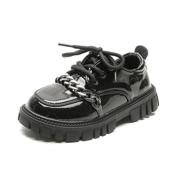 

flat shoes classic children leather autumn 2021 girl metal chain thick-soled kids boys rubber boots lace-up low-cut short, Black;grey