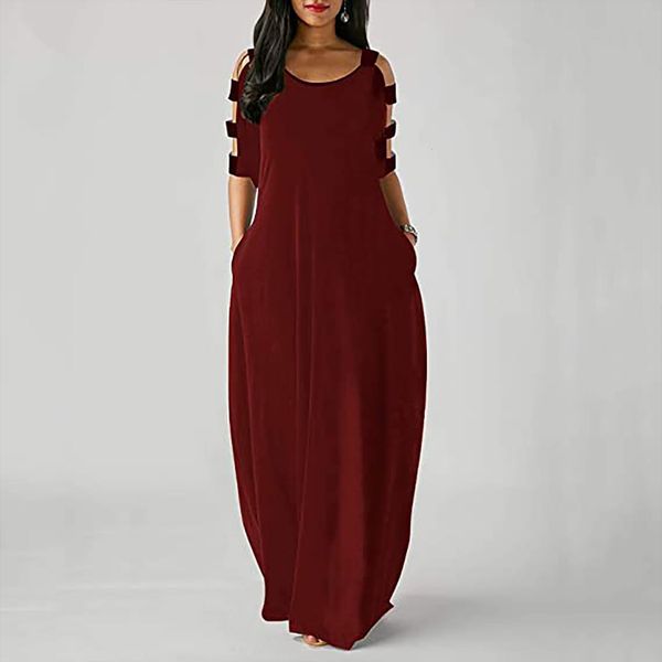 

summer sundress casual womens dress plus size solid o neck pockets sleeveless maxi long, Black;gray