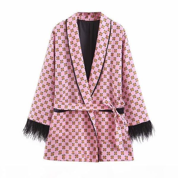 

2020 geometric printing feather kimono coat loose belt coat ladies wide leg pants pajamas pink two piece set women spring summer cx200702, White