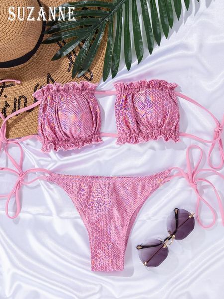 

women's swimwear two-piece swimsuit tube lace-up split high elastic panty bikini 2021, White;black