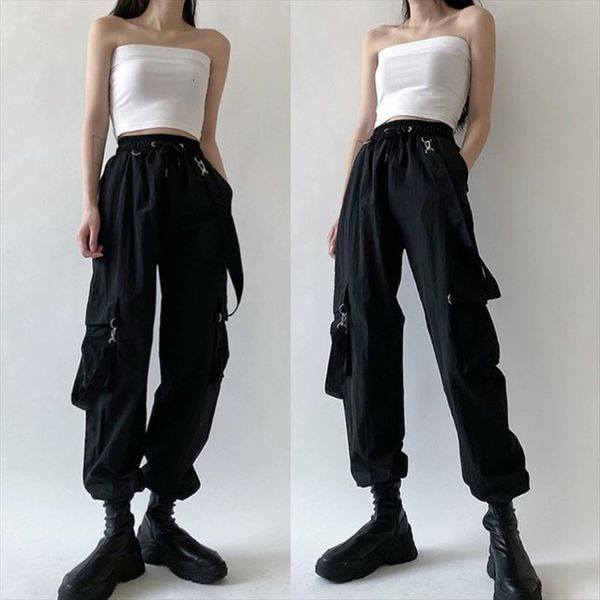 

fashion harajuku cargo black womens pant detachable strap trousers elastic waist streetwear plus zise casual, Black;white