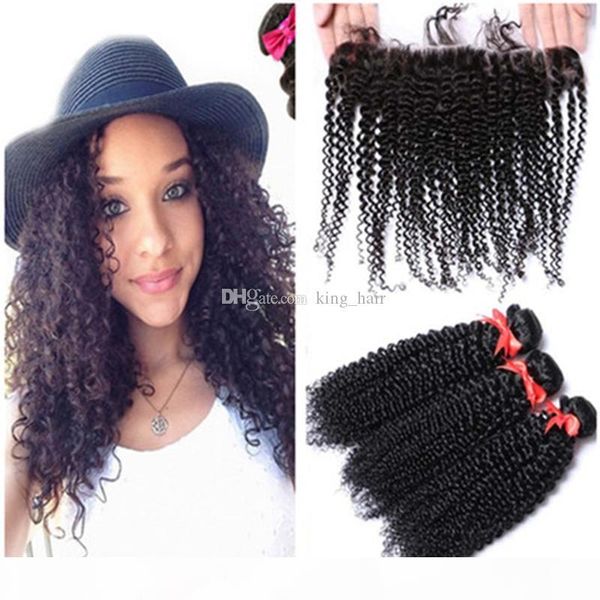 

8a mongolian kinky curly virgin hair bundles with lace frontal part ear to ear full lace frontals with bundles 4pcs lot, Black