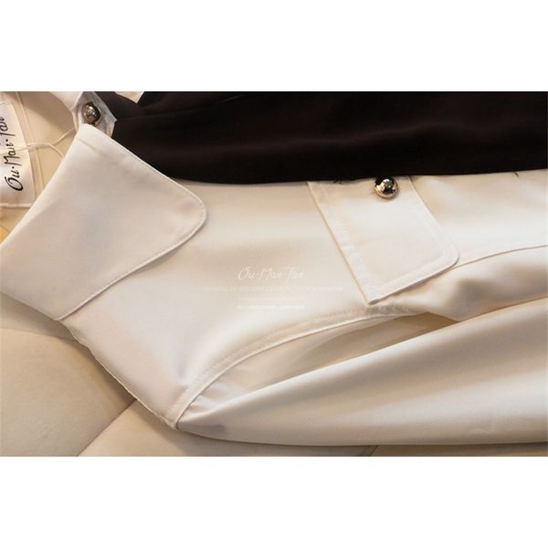 

2021 early autumn new lapel lace up double pocket ol style loose long sleeve temperament versatile shirt blouse women, White;black