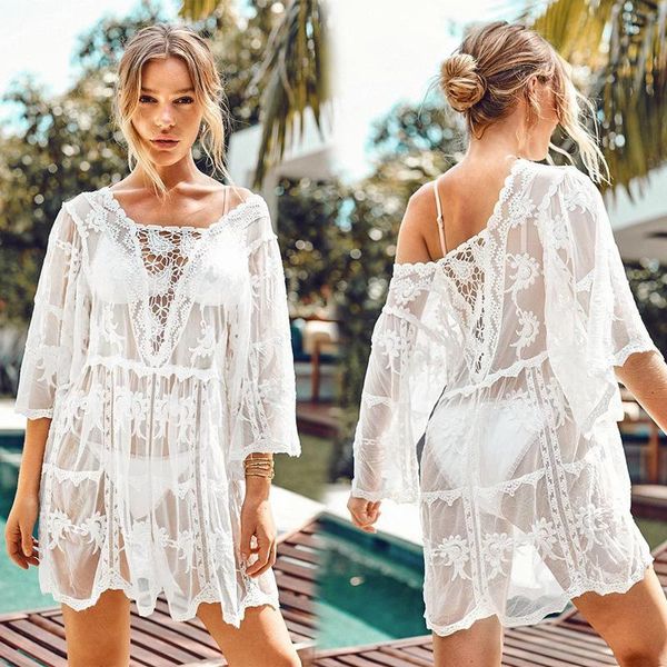 

women's swimwear summer lace croche women crochet bikini cover up floral white black bathing beach suit dress