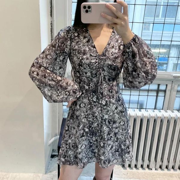 

casual dresses women pleated drawstring dress daisy floral long sleeve v-neck spring summer 2021 ladies mini, Black;gray