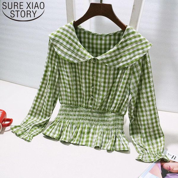 

2021 spring new sweet hipster plaid doll collar all-match shirt long sleeve high waist slim ruffles upper garment women 8928 50, White