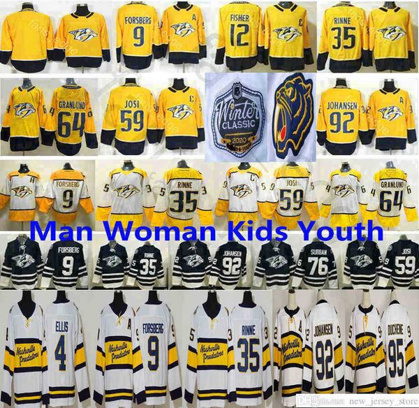 

2020 winter classic nashville predators 9 filip forsberg 35 pekka rinne 59 roman josi 92 ryan johansen 64 granlund 4 ellis hockey jerseys, Black