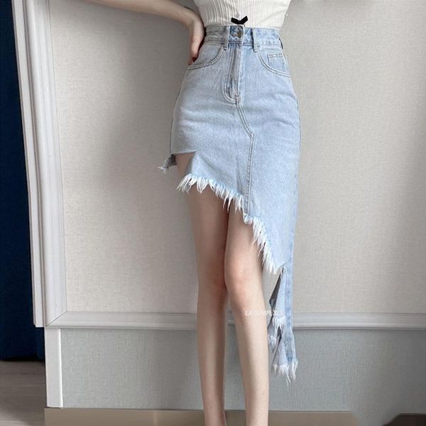 

skirts high elastic waist blue denim burrs irregular casual half-body skirt women fashion tide spring summer 2021, Black