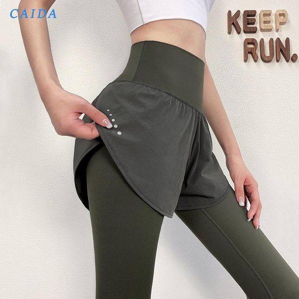 

women's leggings caida fitness gym women high waist feke two piece legging workout pants womens tights leggins push up running slim, Black