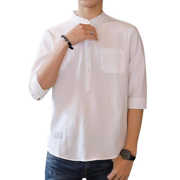 

men's casual shirts mid sleeve tee shirt breathable slim men stand collar blouse three-quarter cotton linen male top, White;black