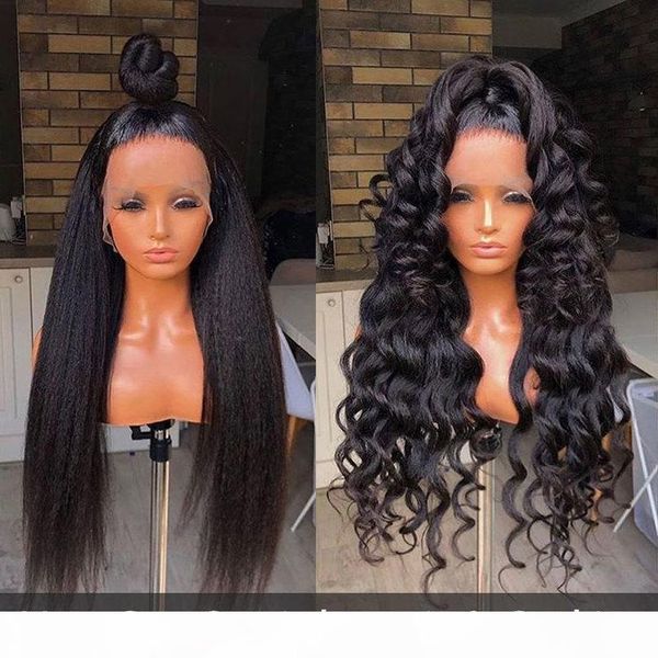 

kinky straight wig hd glueless full lace human hair wigs for women 30 inch full lace wig fake scalp 250 density wig ever beautyqwe12, Black;brown