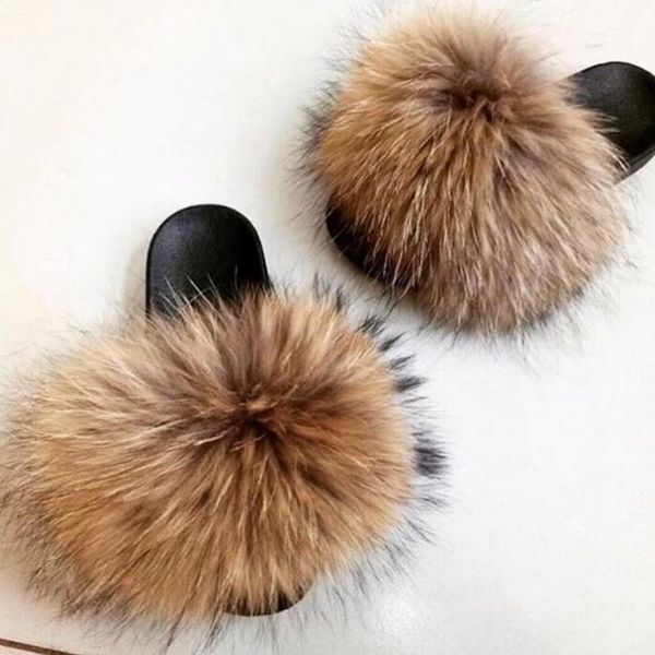 

2021 summer fur slides cute plush slippers 100% real hair luxury fashion beach slippers, Black