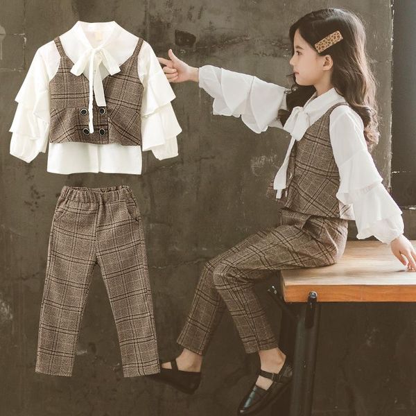 

clothing sets teen girls 2021 autumn spring long sleeve 3pcs shirts + plaid vest pants suit gentleman clothes 4 7 12 14 years old, White