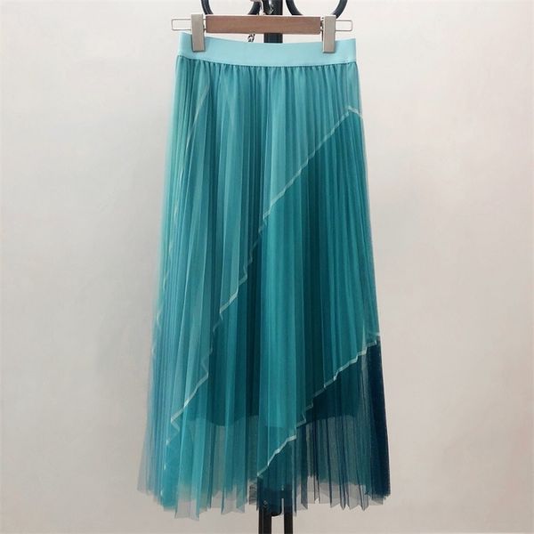 

spring& autumn color contrast mesh skirt high waist thin all-match casual women a-line pleated long 210527, Black