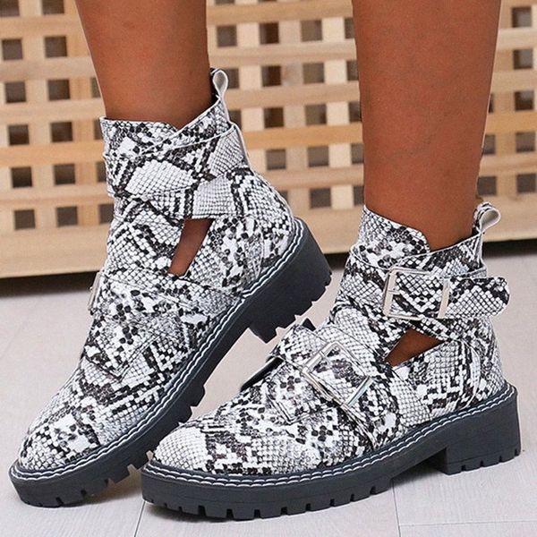 

winter women ankle boots snake leather platform square heel rivet buckle straps punk zipper black biker zapatos de mujer heels bo 73ua#