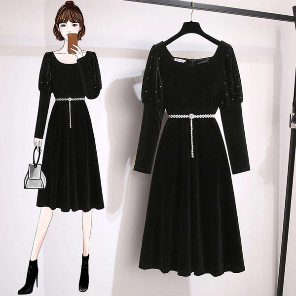 

large women's fat mm2021 spring new french hepburn velvet dress, Black;gray