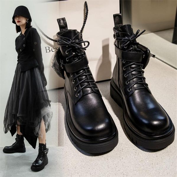 

boots pxelena 2021 spring autumn winter combat motorcycle biker pocket ankle with bag genuine leather punk gothic shoes lady, Black