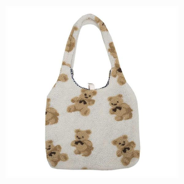 

evening bags women canvas tote purse lamb like fabric shoulder bag bear embroider crossbody handbag casual shopper cute for girl