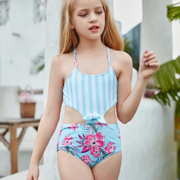 

one-piece suits striped one piece swimsuits for teen girls flower summer beach bathing kids vintage bodysuit 3-14 years children swimwears