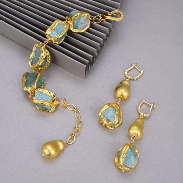 

guaiguai jewelry natural blue amazonites rough nugget with electroplated gold color edge bracelet dangle hook earrings sets for women, Silver